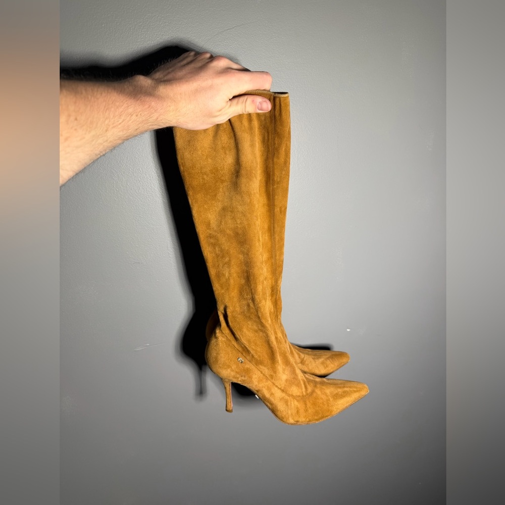 Escada Camel Suede Knee High Heeled Boots Size EU 39